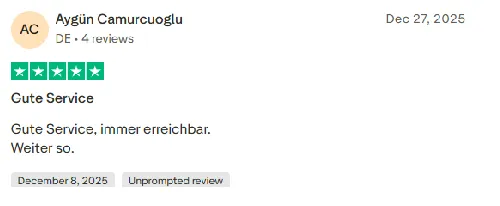 Trustpilot 4.5 Excellent - Gute Service, immer erreichbar. Weiter so.