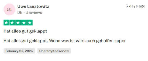 Trustpilot 4.5 Excellent - Hat alles gut geklappt. Wenn was ist wird auch geholfen super