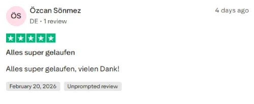 Trustpilot 4.5 Excellent - Alles super gelaufen, vielen Dank!